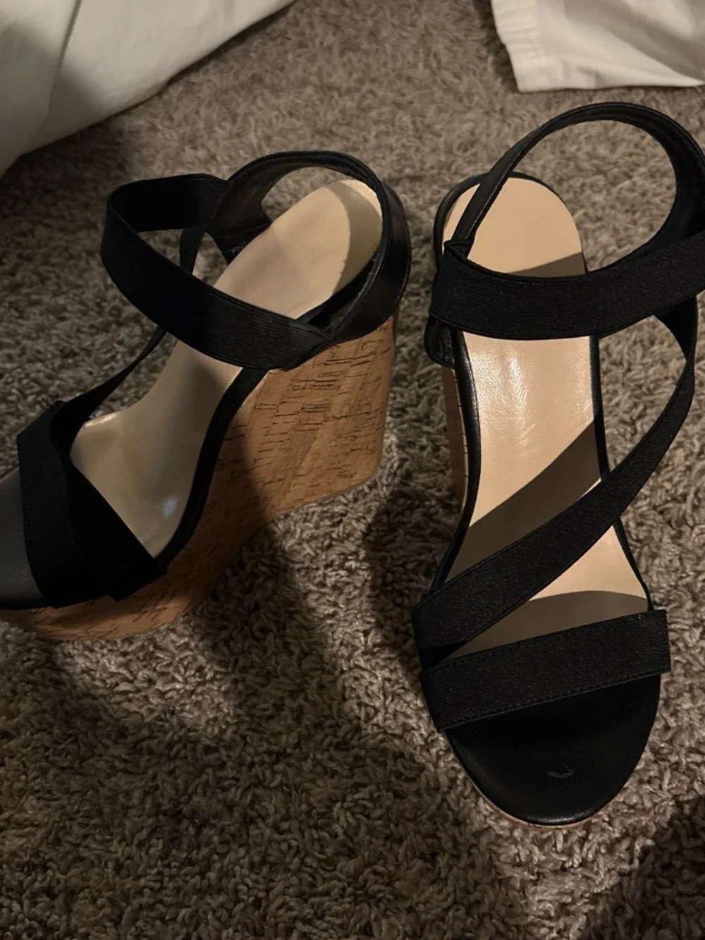 Women's Black Cork Wedge Sandals with Elastic Straps